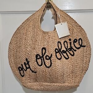 Natural Woven Tote with Black Embroidery